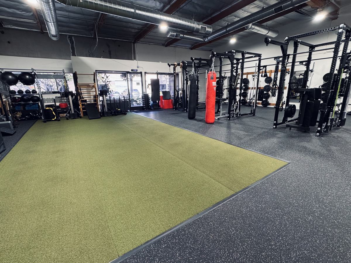Turf training area with sleds, heavy bags, and racks at The Weight RM